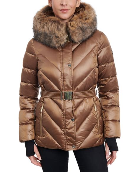 michael michael kors camo belted faux-fur trim hooded puffer coat|Michael Michael Kors Belted Puffer Jacket .